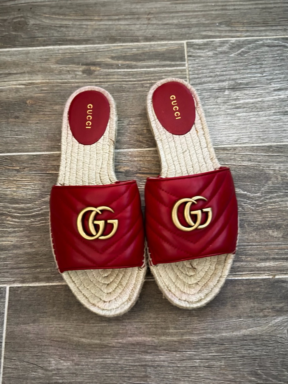 Gucci GG
Red Marmont Matelassé Leather Espadrille Slide
Sandals